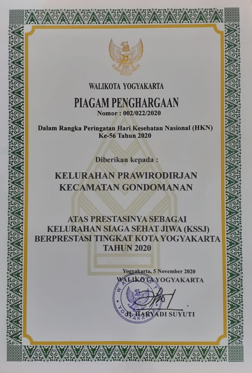 Piagam Penghargaan  Walikota Yogyakarta untuk Kelurahan Prawirodirjan